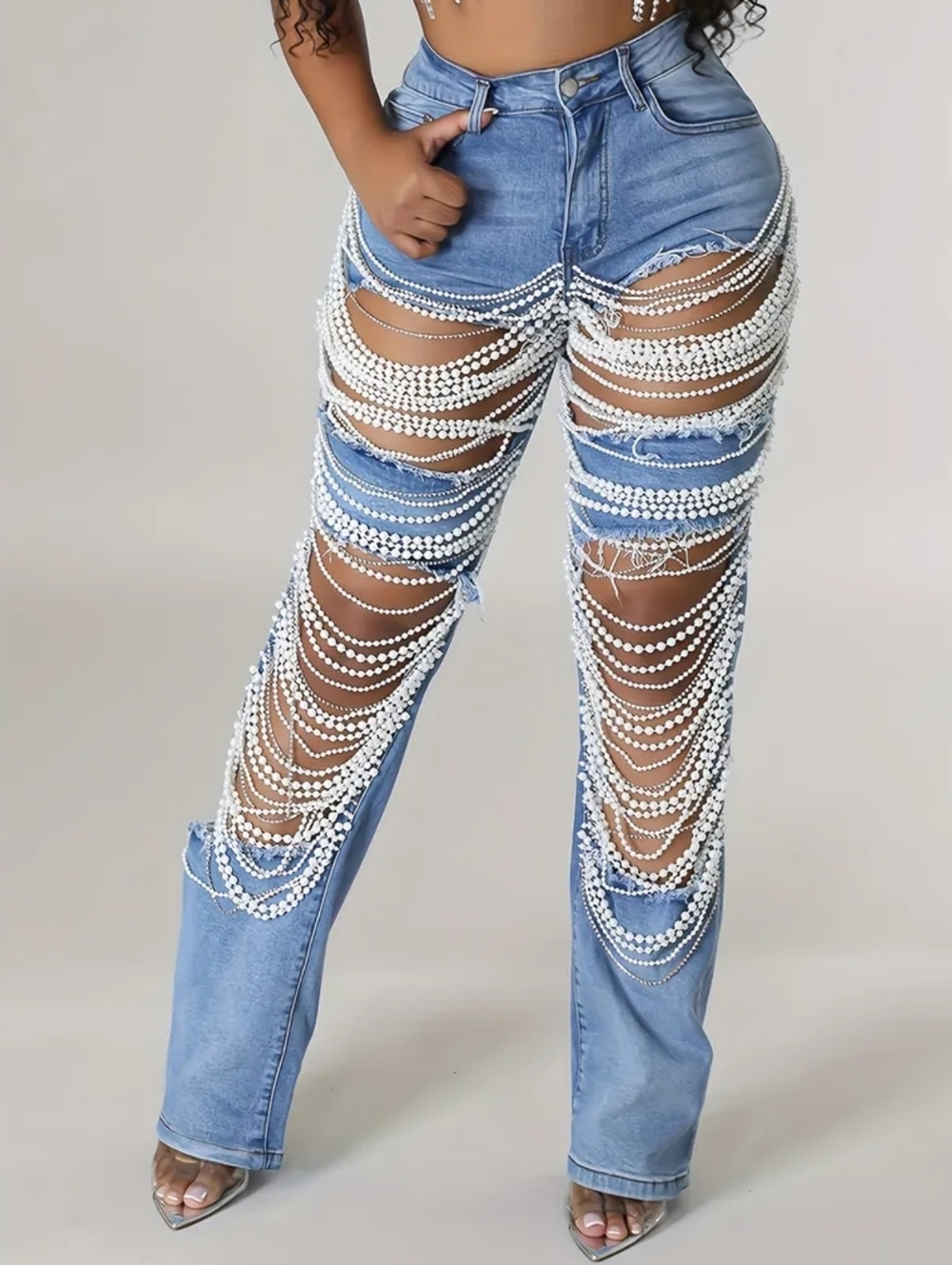 Light Blue Pearl-Embellished Distressed Women's Jeans - Picture 2 of 9